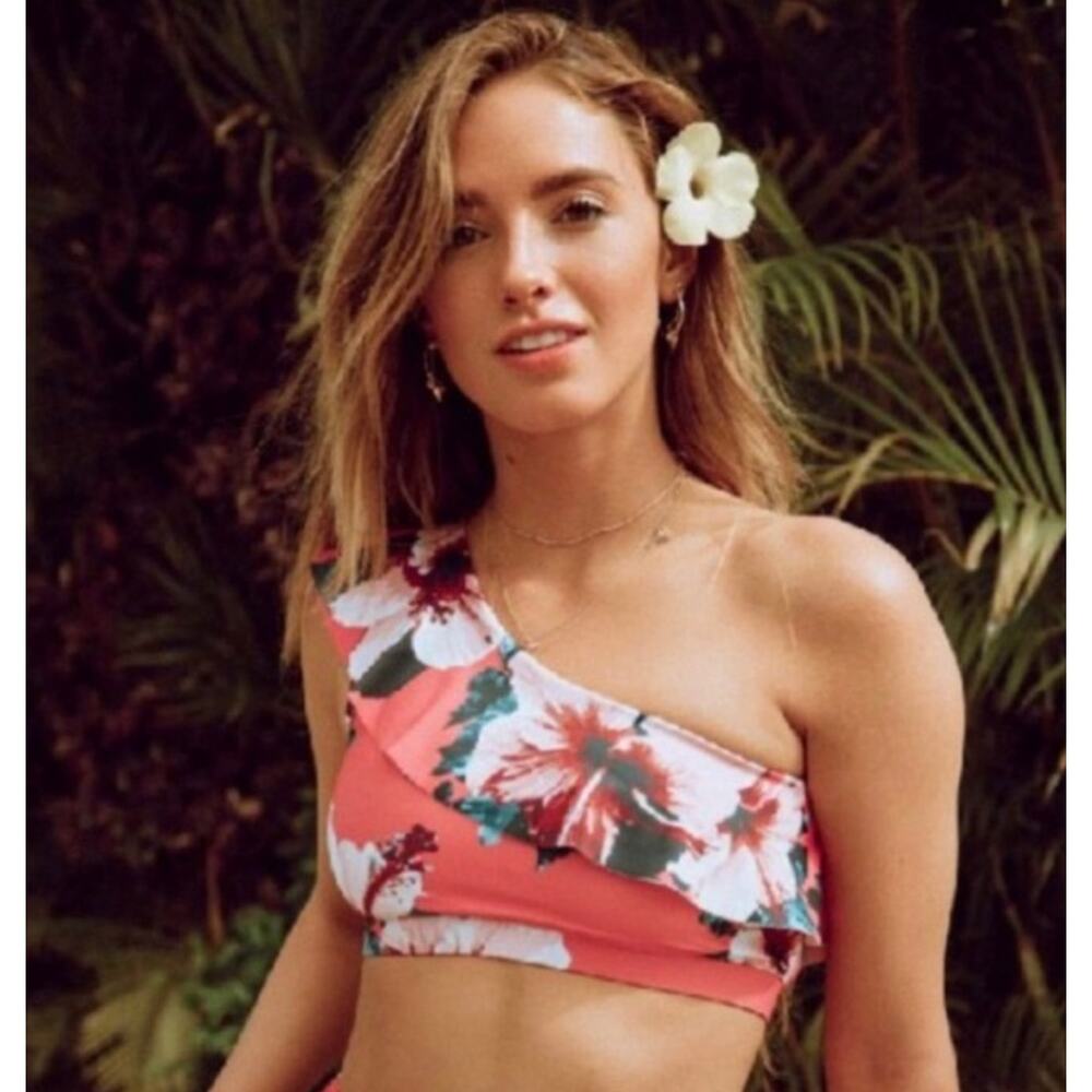 Albion Fit Icon Wave Swim Crop Top in Pink Hibiscus Floral Print Size Small